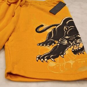 New Ed Hardy Black Panther Gold Yellow Sweatpant Shorts‎ Lg Drawstring Y2k Style